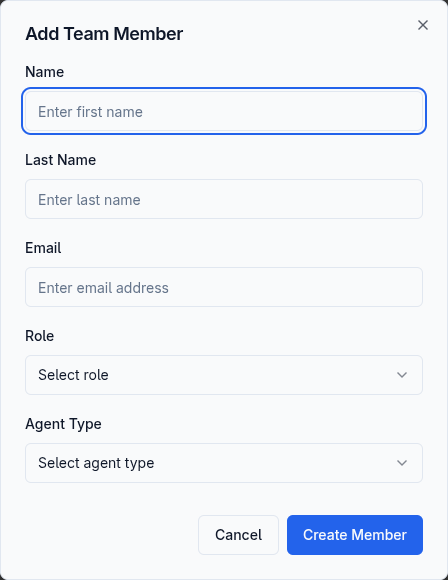 Add team member dialog with role and agent type selection