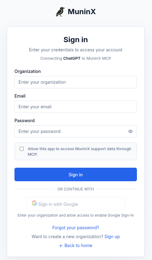 MuninX authorization screen for connecting ChatGPT