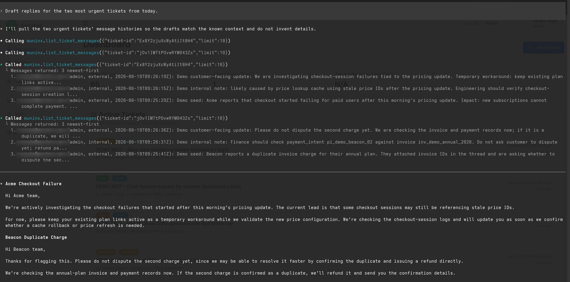 AI client using MuninX MCP to draft replies for urgent tickets