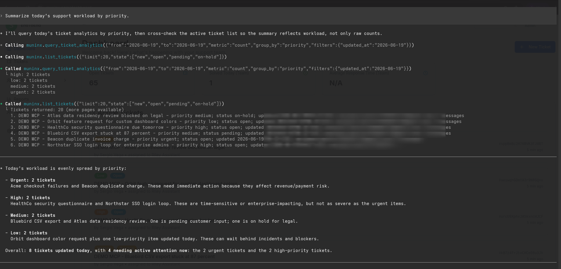 AI client using MuninX MCP to summarize today's tickets by priority