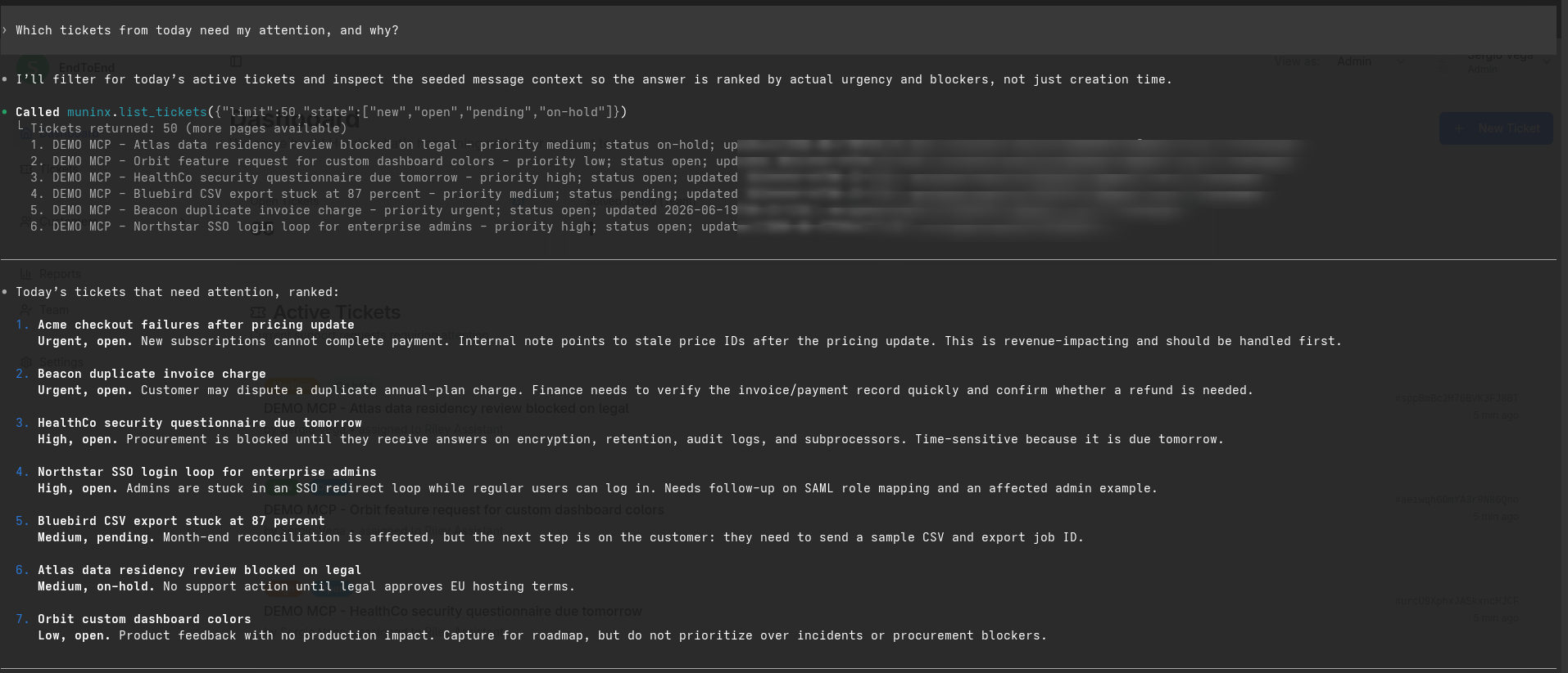 AI client using MuninX MCP to identify tickets that need attention