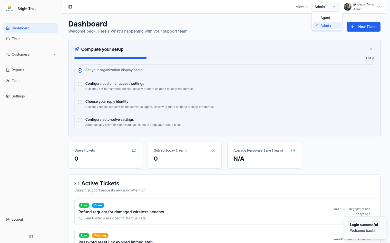 Admin role switcher showing available admin and agent views