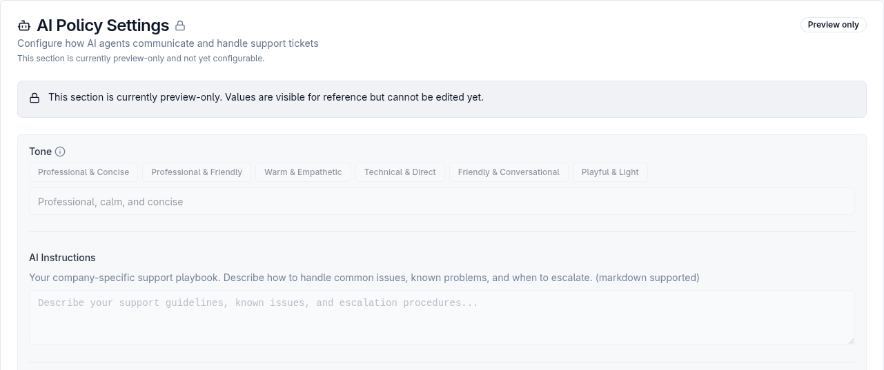 AI policy settings preview with tone, instructions, and web search