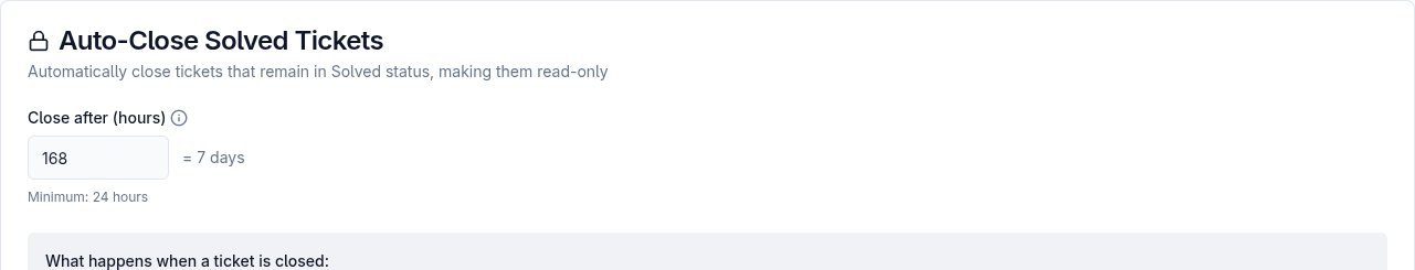 Auto-close settings explaining read-only closed tickets