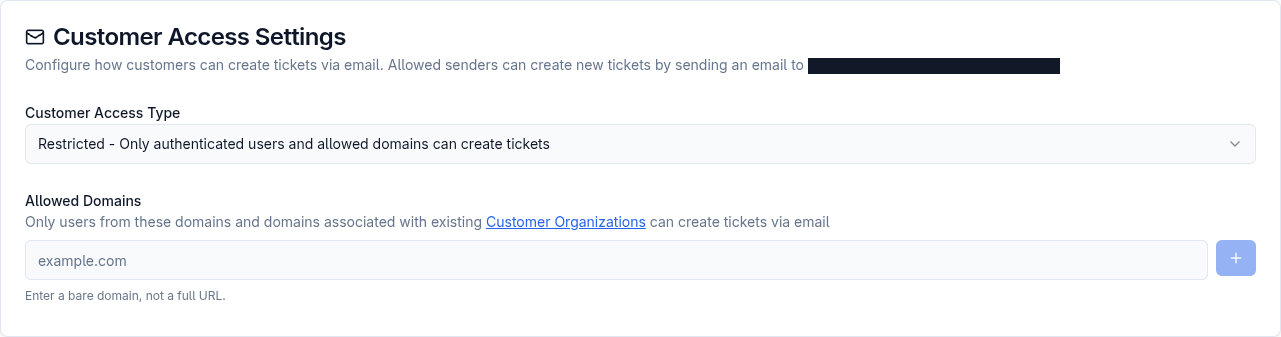 Customer access settings showing restricted email ticket creation and allowed domains