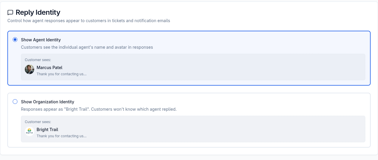 Reply identity settings showing agent identity and organization identity options
