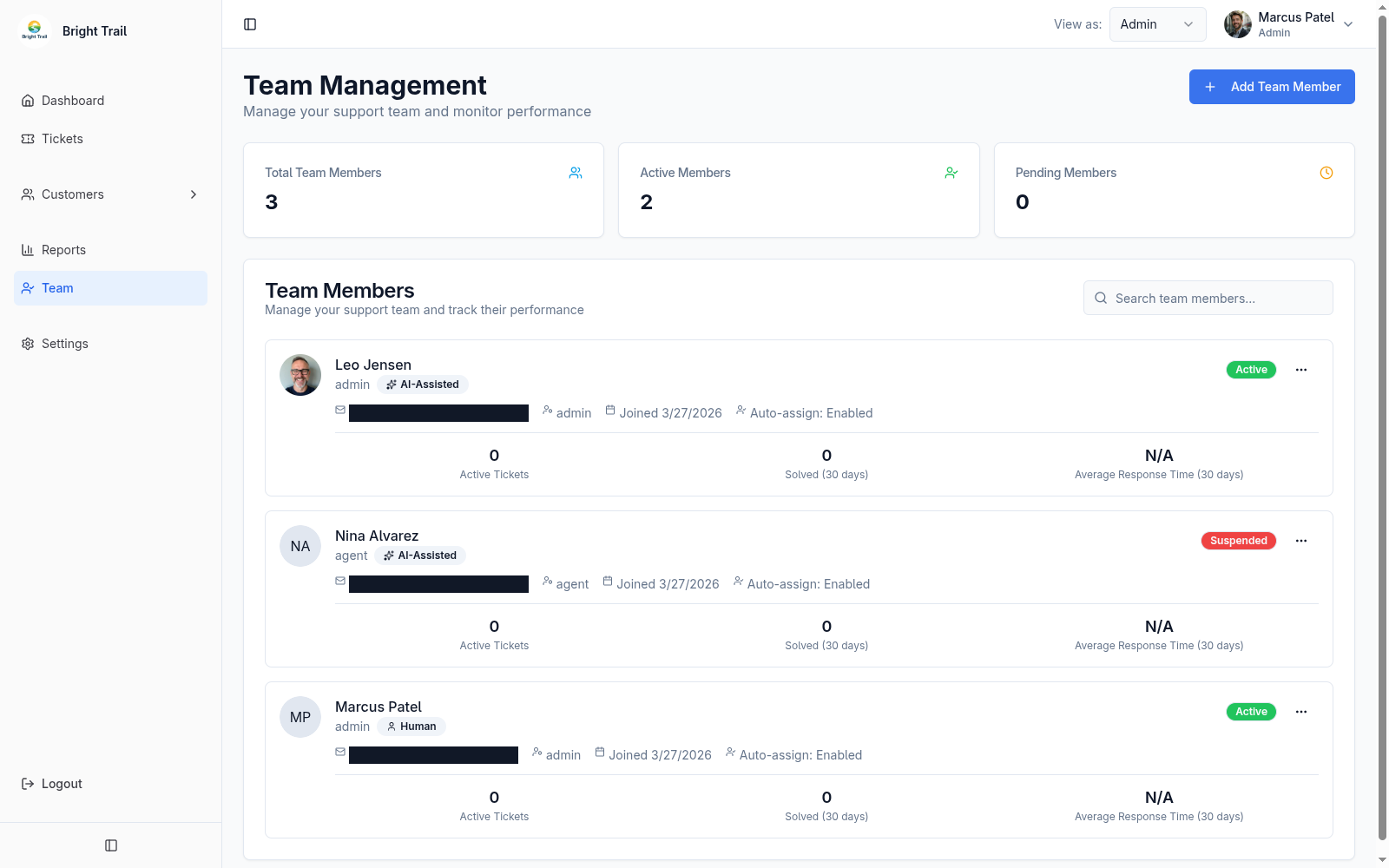 Team management page with admins, agents, statuses, and agent type labels