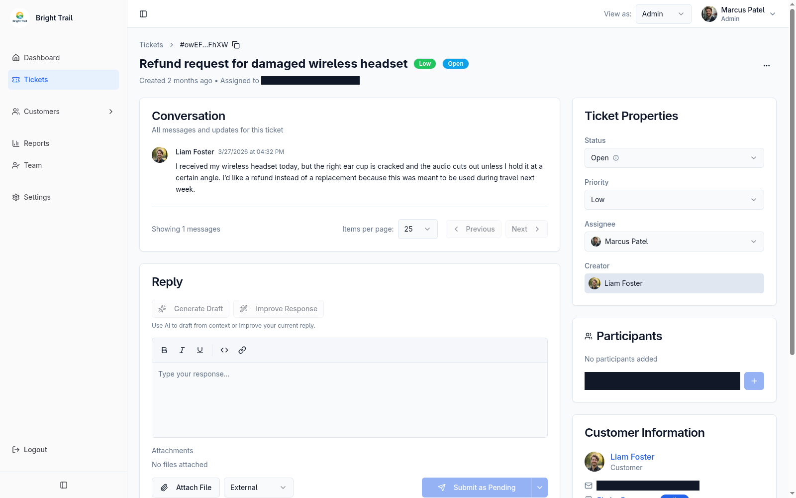 Ticket detail workflow with conversation, reply composer, ticket properties, participants, and customer context